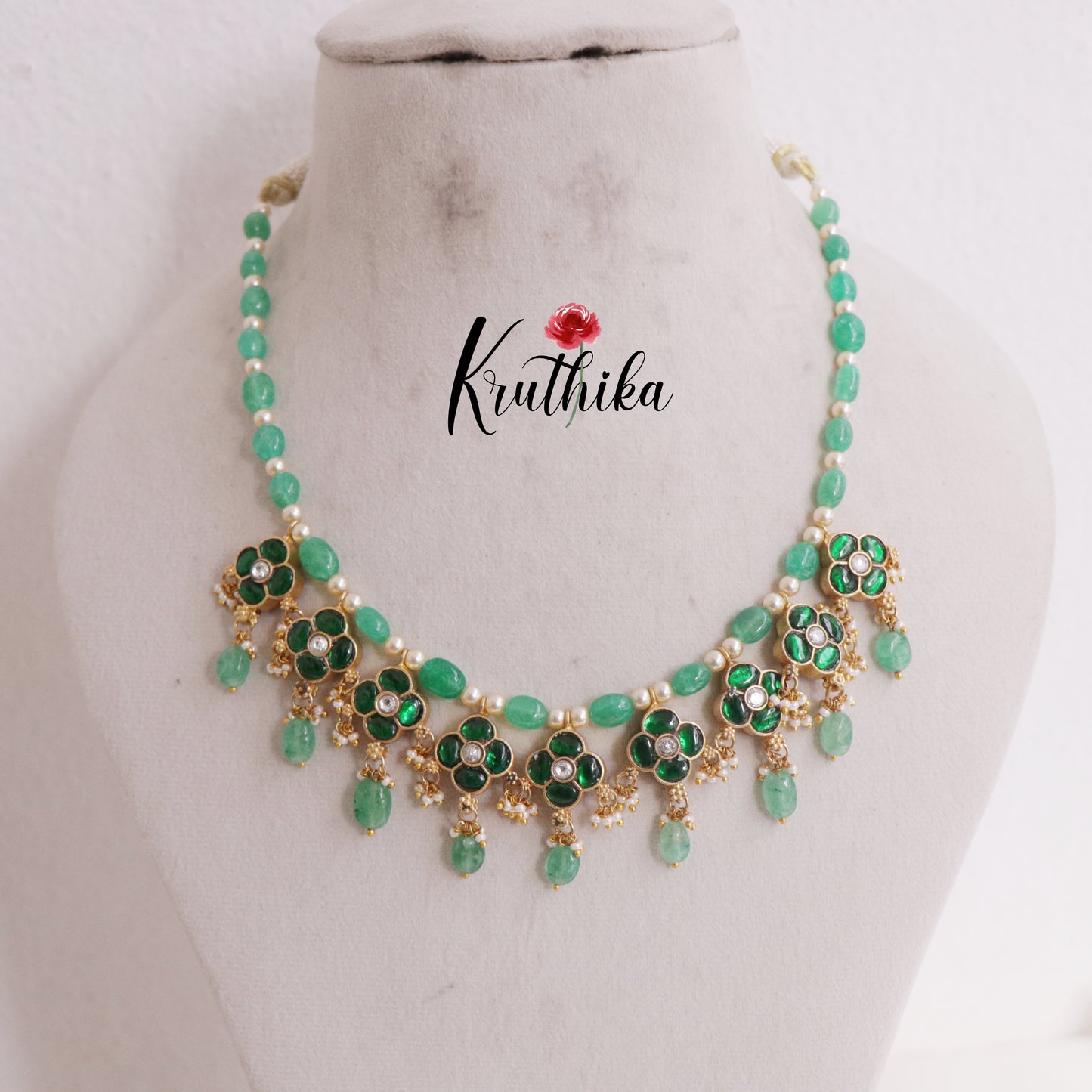 Trendy Emerald Beaded Two-in-One Reversible Floral Jadau Necklace with Beads Drops NC2382
