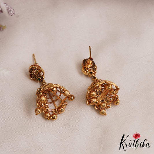Trendy Antique Floral Motifs Jhumkas With Golden Bead Drops E1170