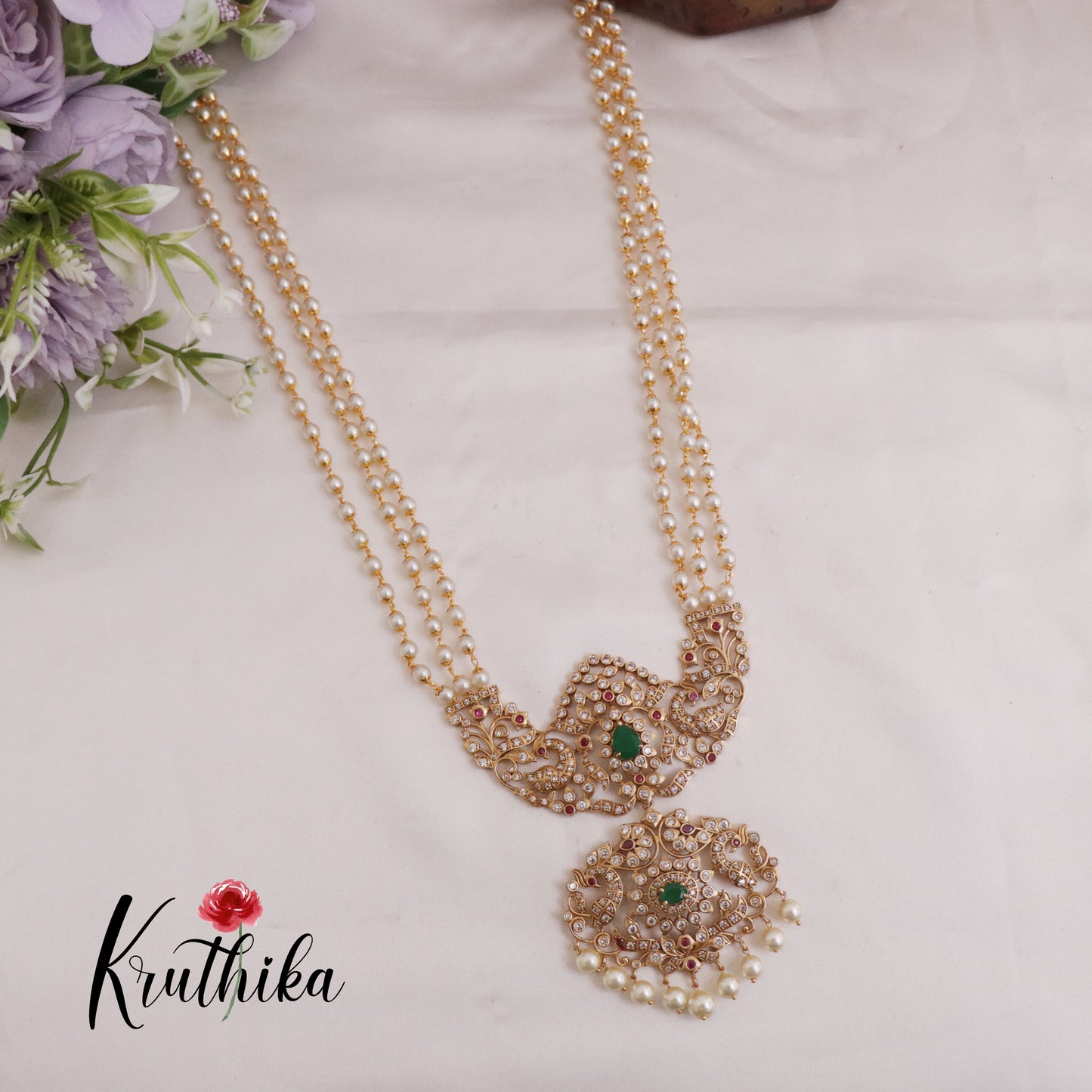 Beautiful AD Three Layer Pearl Haaram with Peacock Pendant LH1990