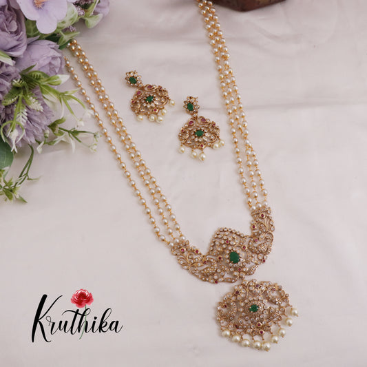 Beautiful AD Three Layer Pearl Haaram with Peacock Pendant LH1990