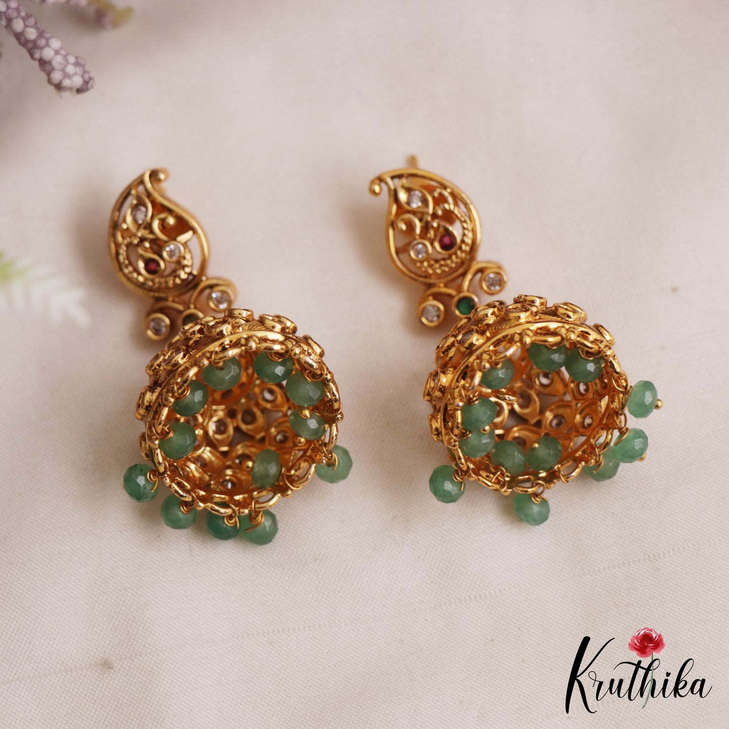 Pretty Antique Mango Motifs Jhumkas With Green Bead Drops E1171