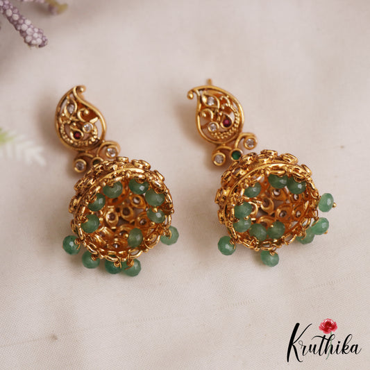 Pretty Antique Mango Motifs Jhumkas With Green Bead Drops E1171