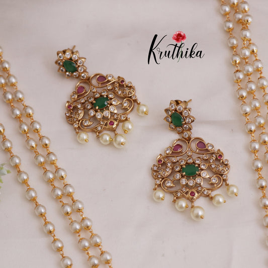 Beautiful AD Three Layer Pearl Haaram with Peacock Pendant LH1990