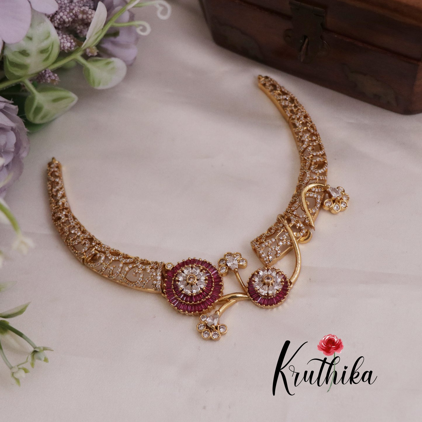 Beautiful AD Ruby Hasli Necklace with Floral Pendant Drop NC2396