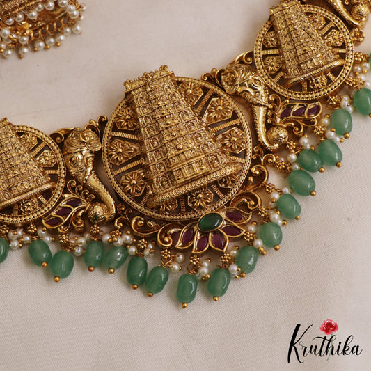 Premium Antique Nagas Gopuram Motifs Necklace With Green Bead Drops NC3069