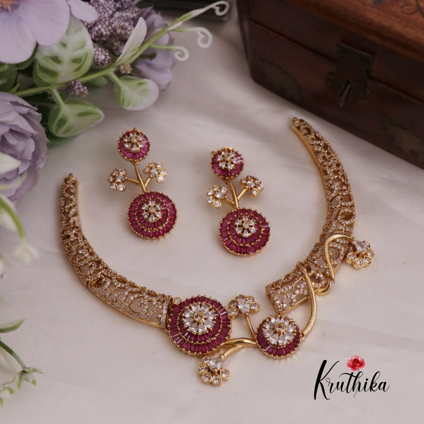 Beautiful AD Ruby Hasli Necklace with Floral Pendant Drop NC2396