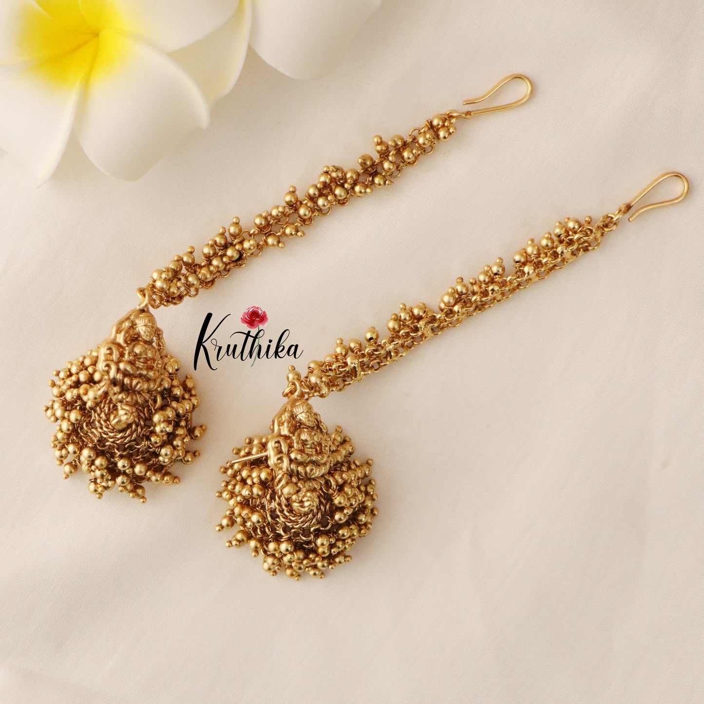 (Pre booking) Premium golden beads Lakshmi Jhumkas with Ear Chains E426 Pre order 25 to 30 days