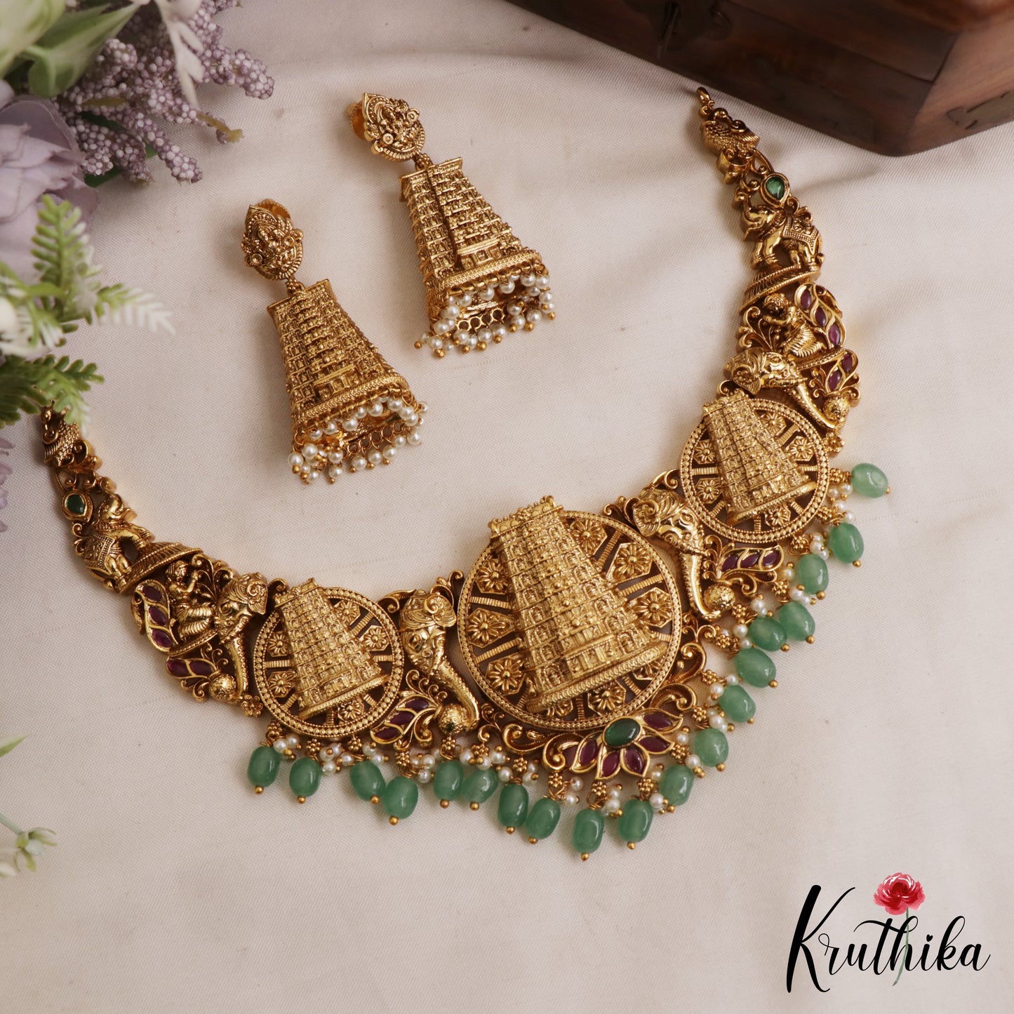 Premium Antique Nagas Gopuram Motifs Necklace With Green Bead Drops NC3069