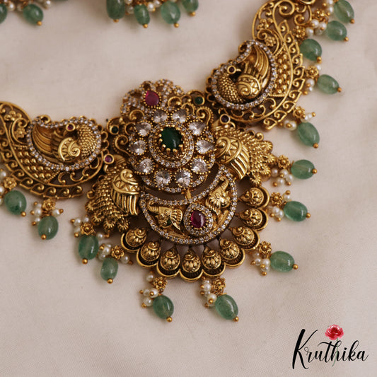 Stunning Antique Nakshi Floral Peacock Motifs Necklace With Green Bead Drops NC3070