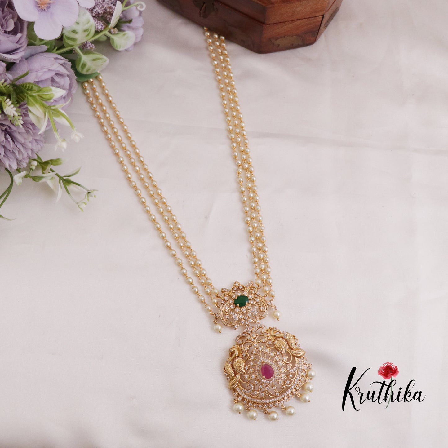 Simple Three Layer Pearl Haaram with Floral Peacock Pendant LH1988