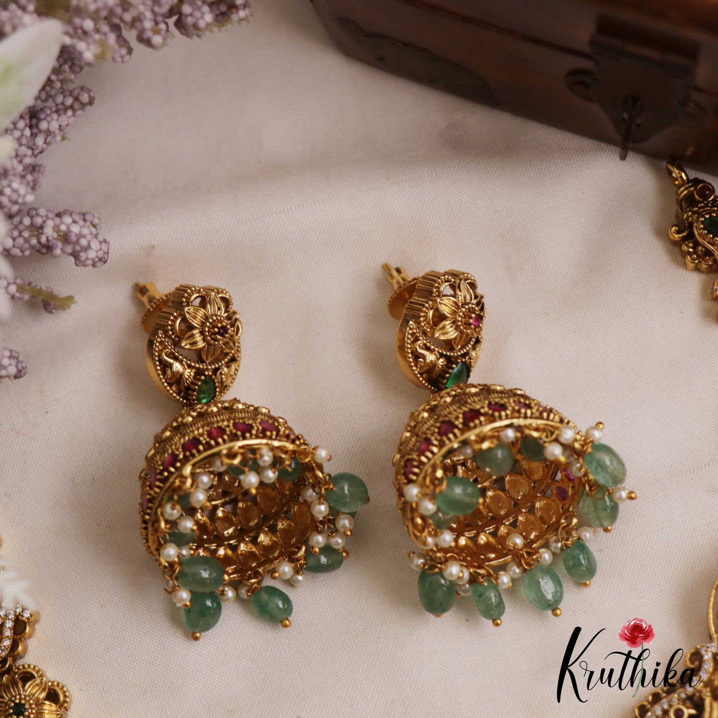 Stunning Antique Nakshi Floral Peacock Motifs Necklace With Green Bead Drops NC3070