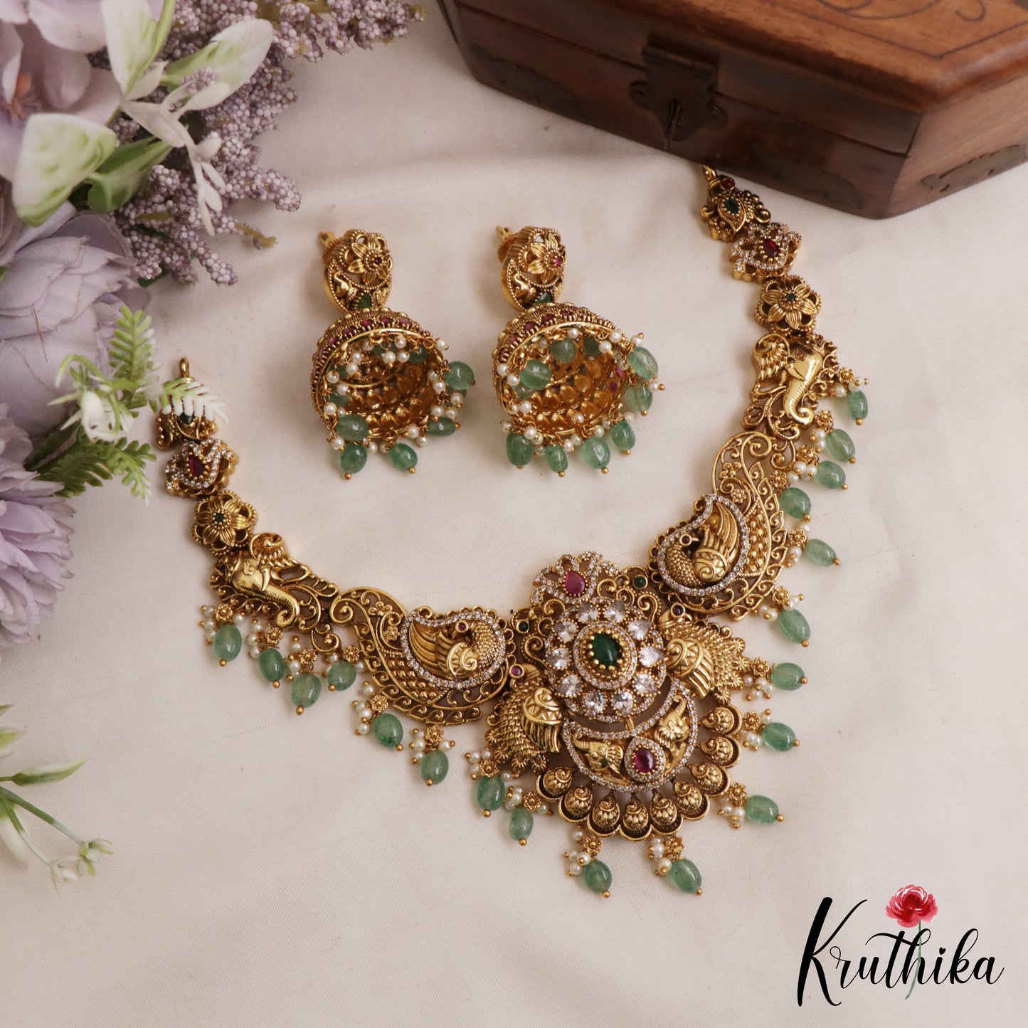 Stunning Antique Nakshi Floral Peacock Motifs Necklace With Green Bead Drops NC3070