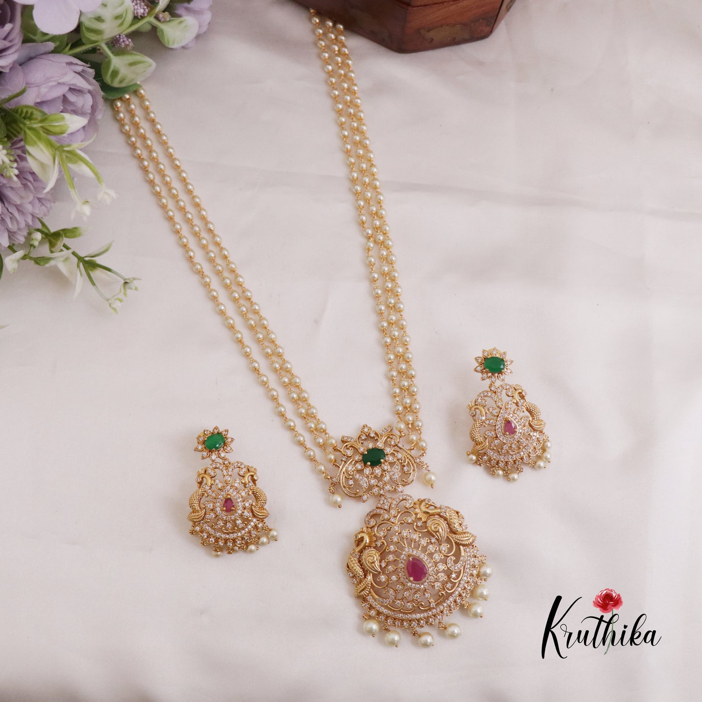 Simple Three Layer Pearl Haaram with Floral Peacock Pendant LH1988