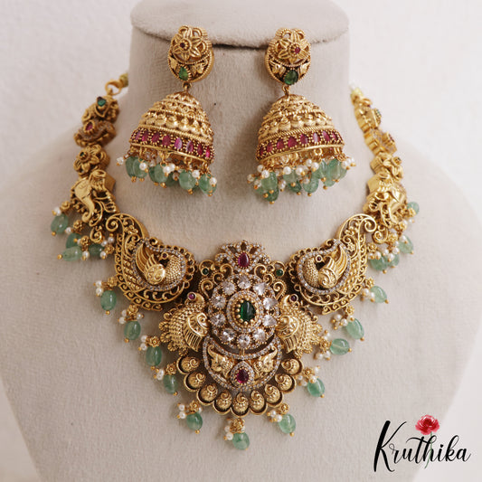 Stunning Antique Nakshi Floral Peacock Motifs Necklace With Green Bead Drops NC3070