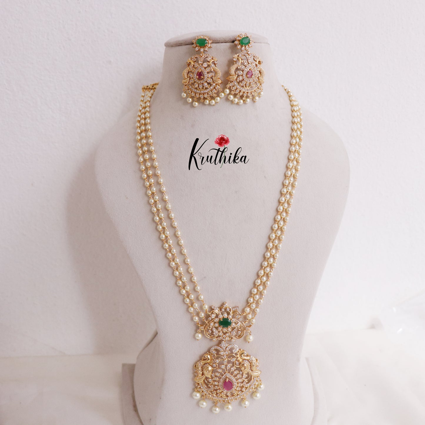 Simple Three Layer Pearl Haaram with Floral Peacock Pendant LH1988