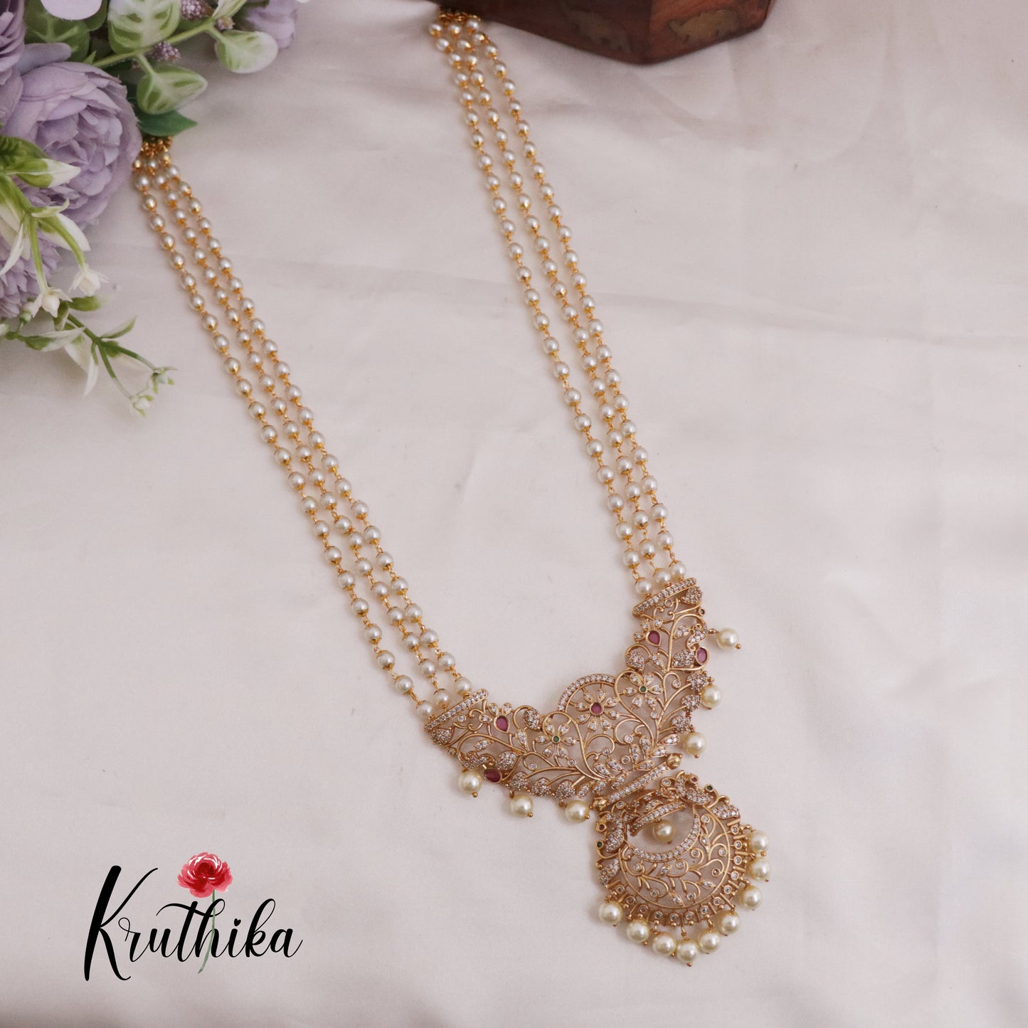 Elegant Three Layer Pearl Necklace with Floral Motif Pendant Drop NC2257