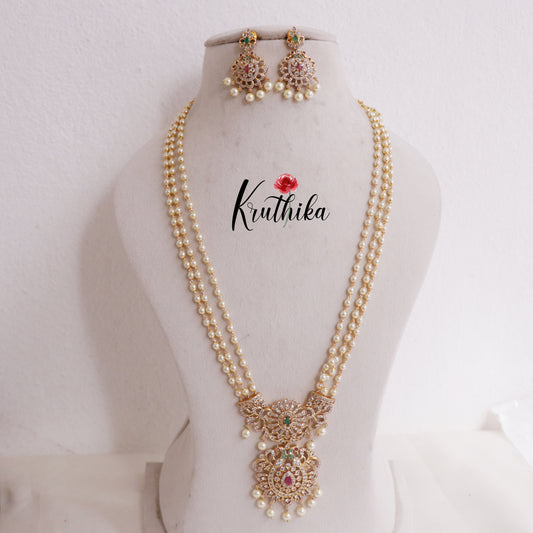 Trendy Three Layer Pearl Haaram with Peacock Pendant LH1989