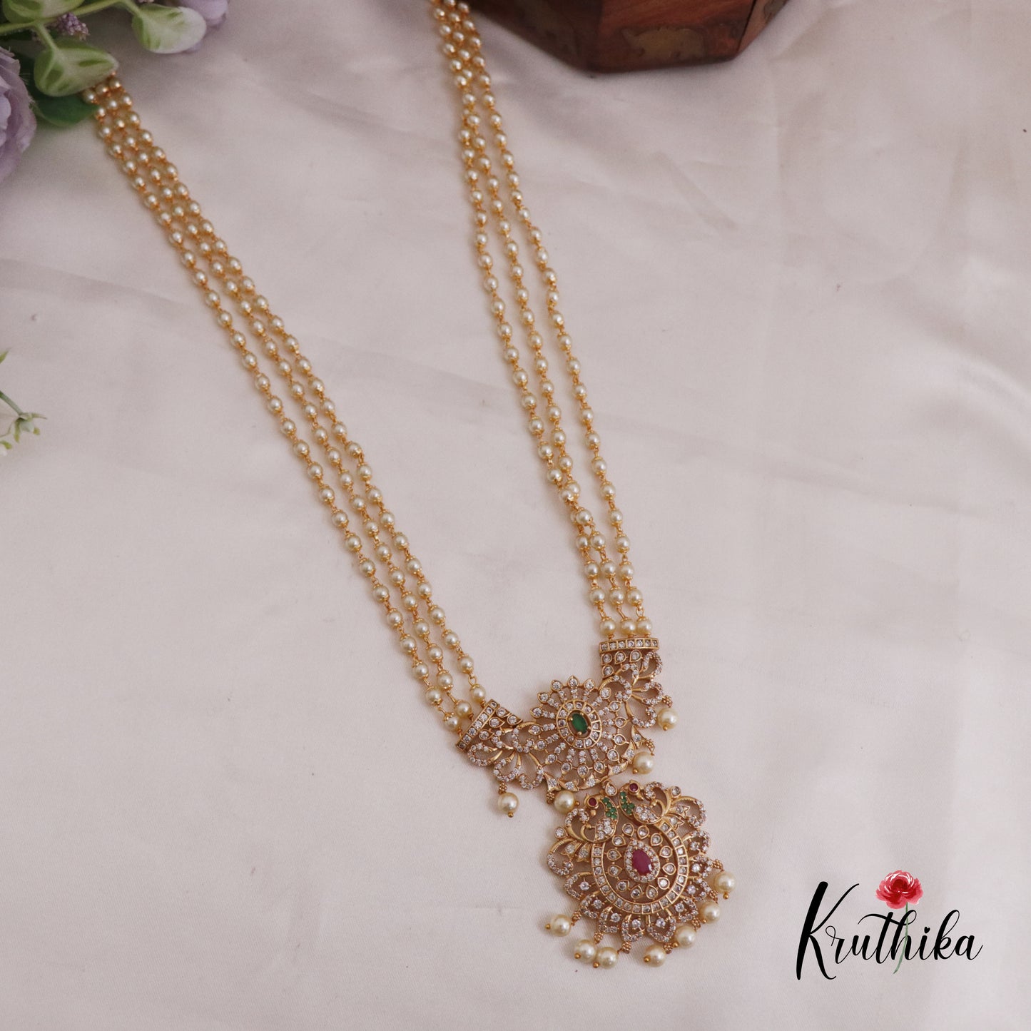 Trendy Three Layer Pearl Haaram with Peacock Pendant LH1989