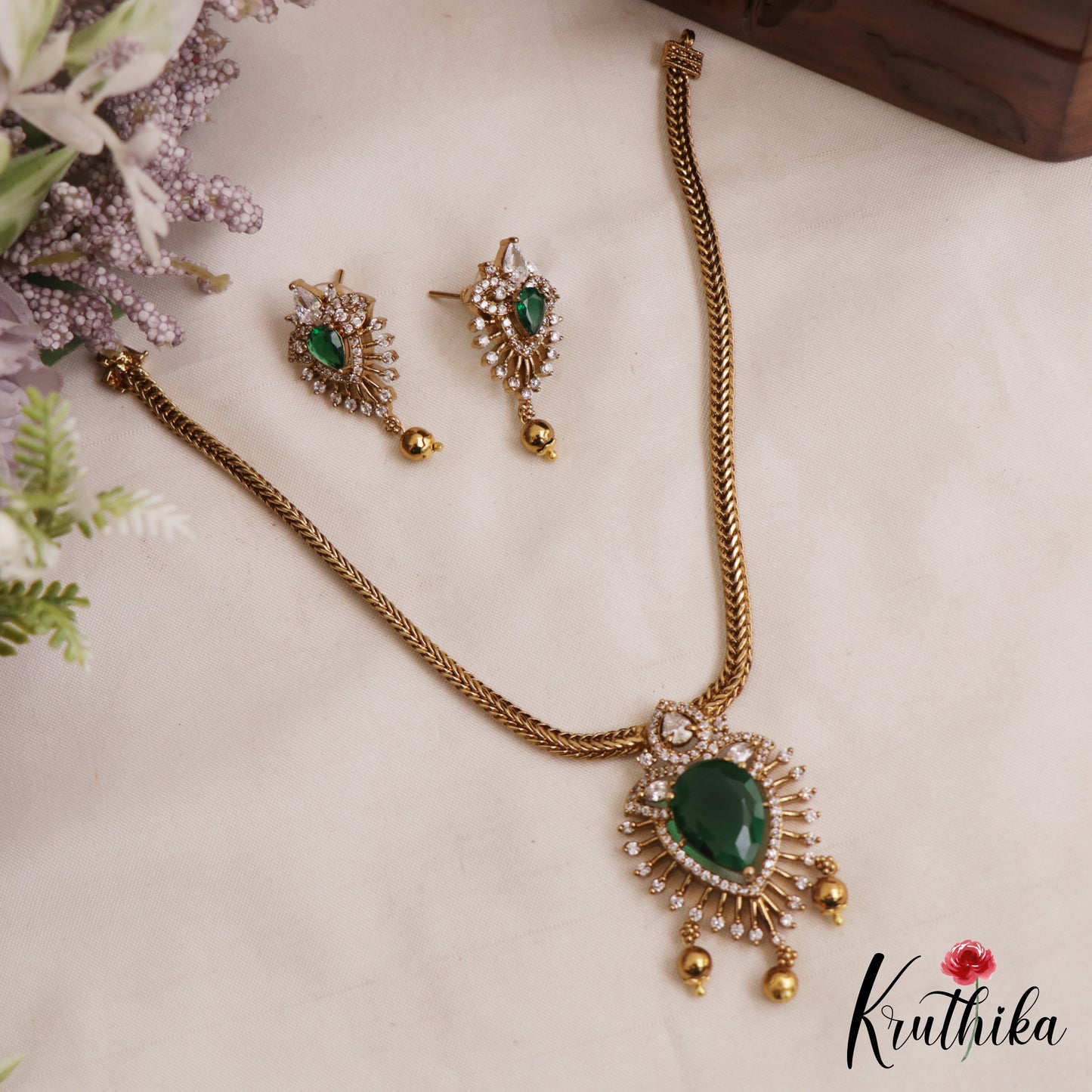 Trendy Teardrop Motifs CZ Victorian Pendant Chain Set NC3067 (Available In 2 Colors)