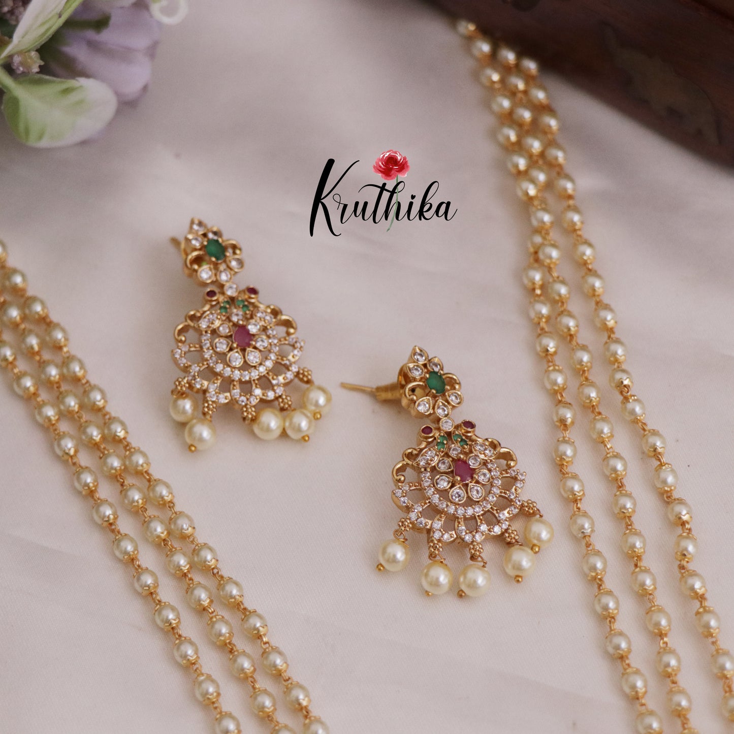 Trendy Three Layer Pearl Haaram with Peacock Pendant LH1989