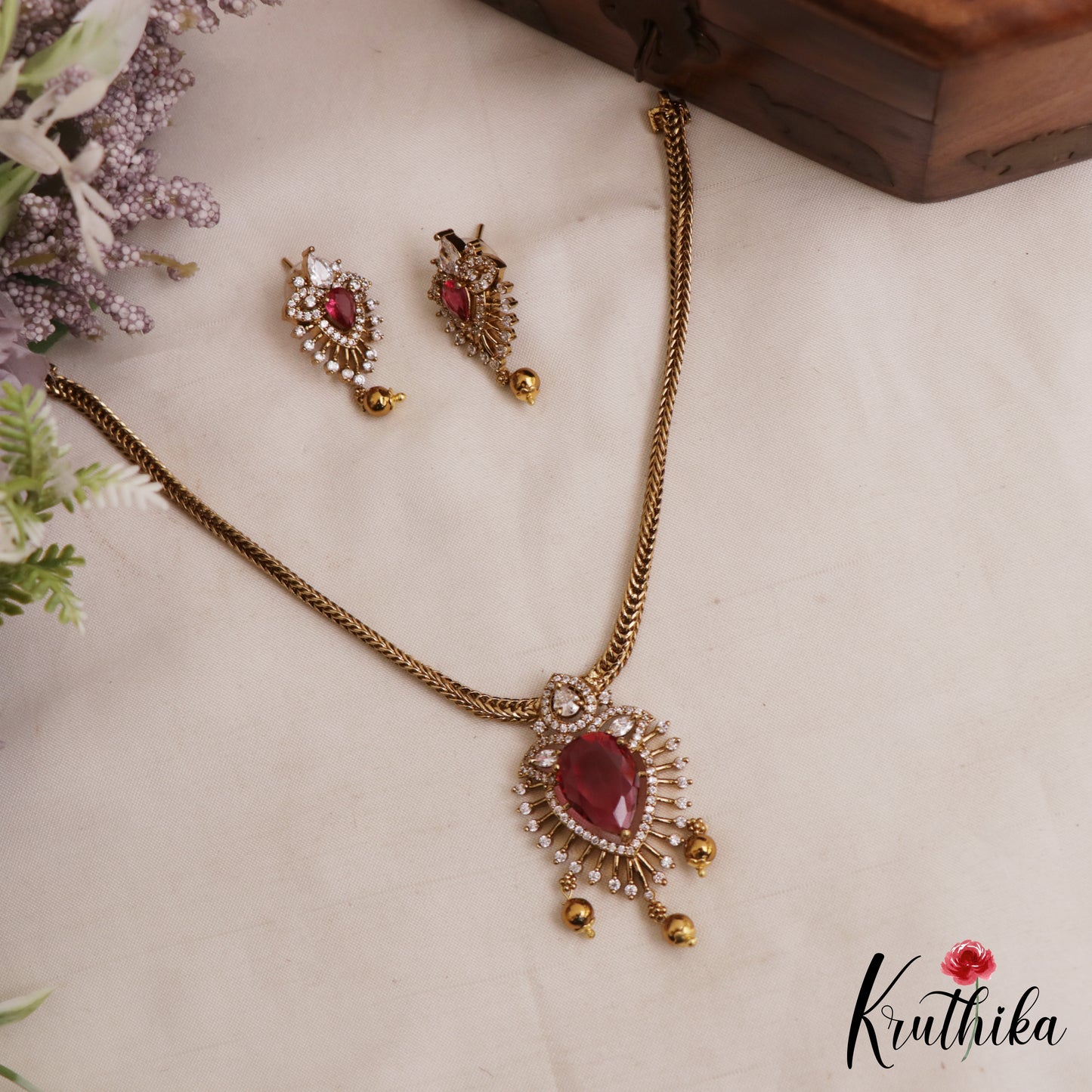 Trendy Teardrop Motifs CZ Victorian Pendant Chain Set NC3067 (Available In 2 Colors)