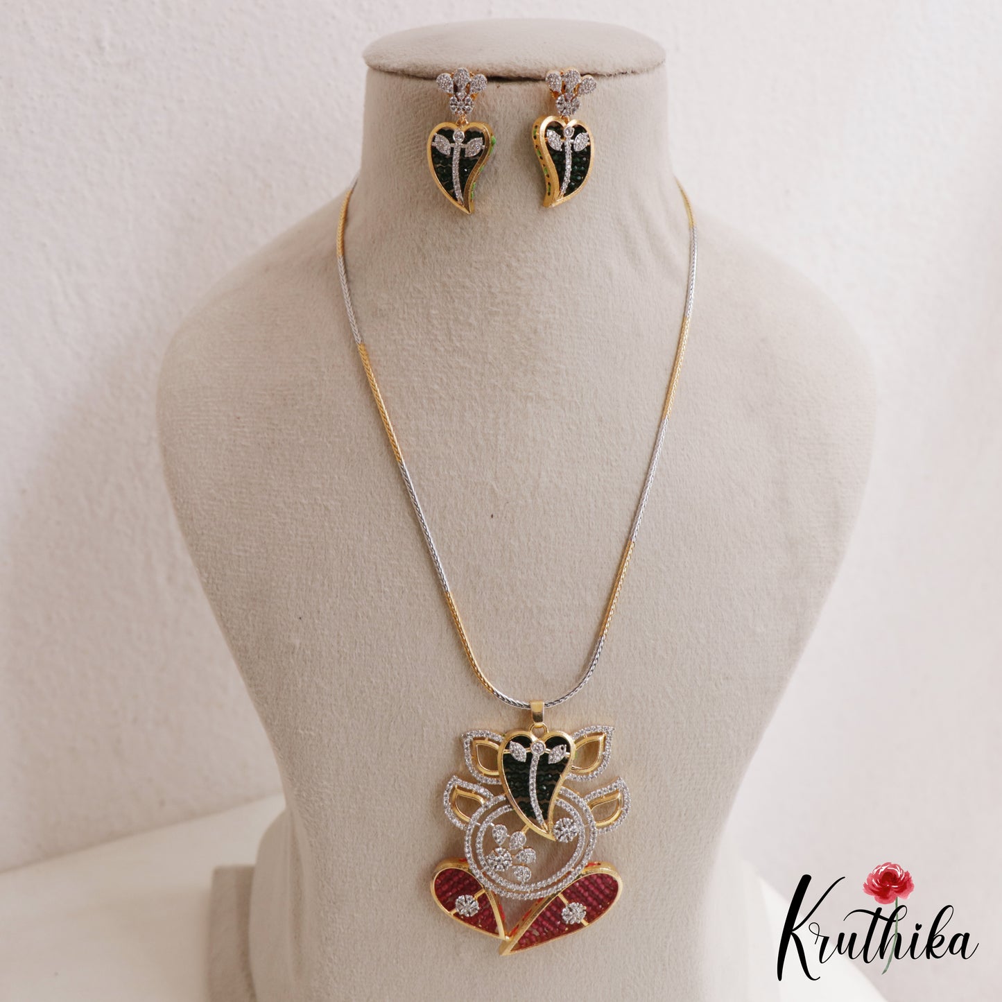 Elegant Lord Ganesha Motifs Dual-Tone CZ Victorian Pendant Chain Set NC3072