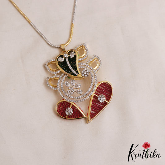 Elegant Lord Ganesha Motifs Dual-Tone CZ Victorian Pendant Chain Set NC3072
