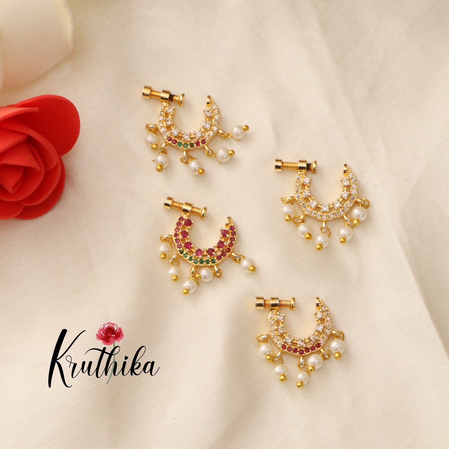Elegant  CZ pearls Nose ring/ Nathu / Nath N19 (Assorted Color)