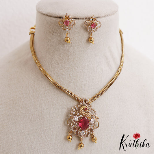 Classic Peacock Motifs CZ Victorian Pendant Chain Set NC3068 (Available In 2 Colors)