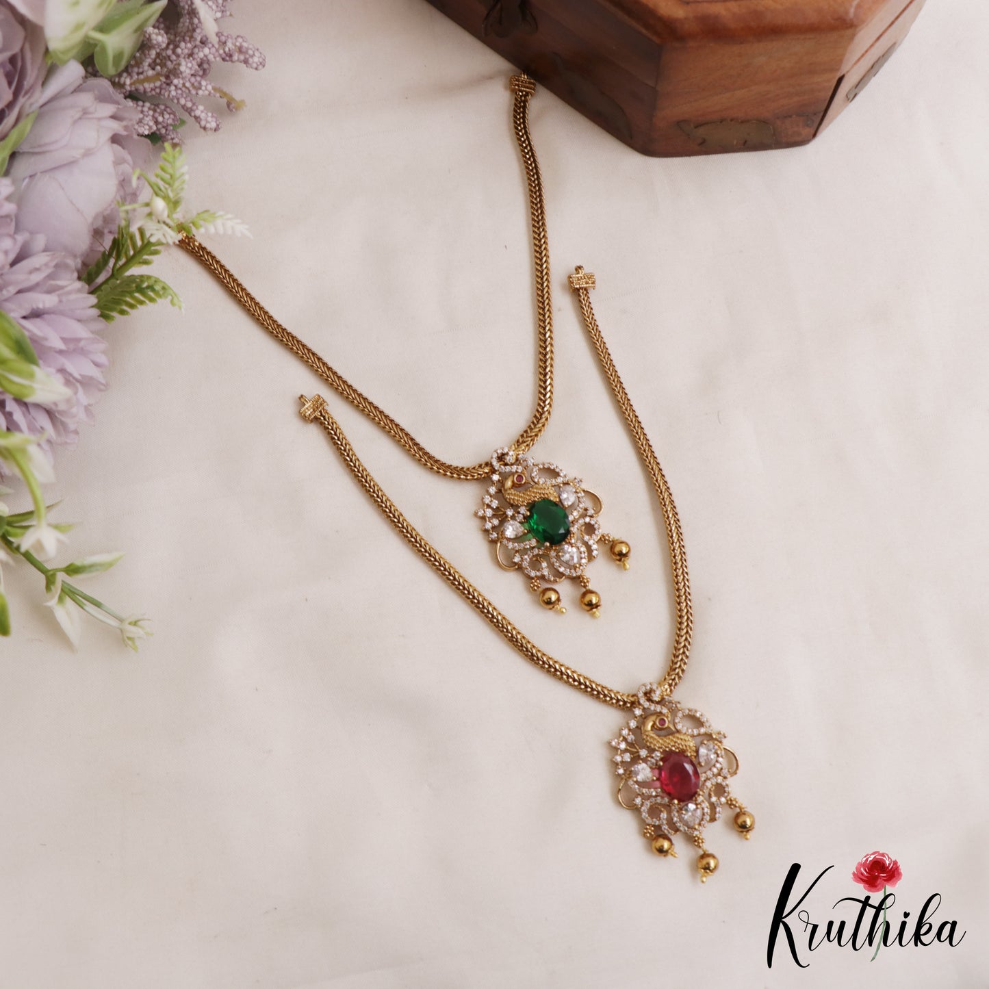 Classic Peacock Motifs CZ Victorian Pendant Chain Set NC3068 (Available In 2 Colors)