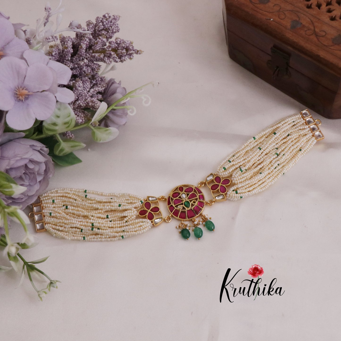 Gorgeous Pearl Beaded Jadau Choker with Green Beads Drops NC2400