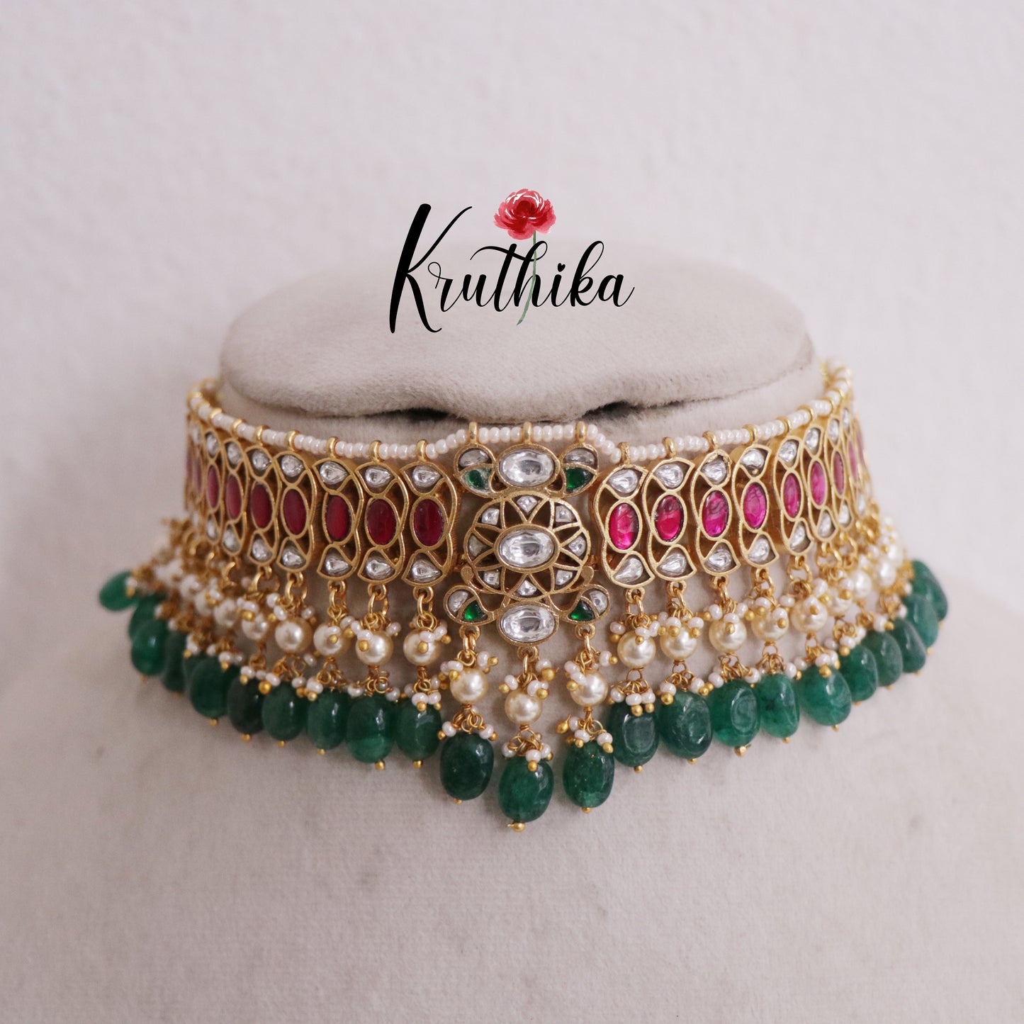 Pretty Jadau Choker with Green Beads Drops NC1984 (Available in 2 Colours)