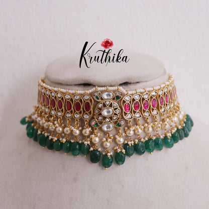Pretty Jadau Choker with Green Beads Drops NC1984 (Available in 2 Colours)