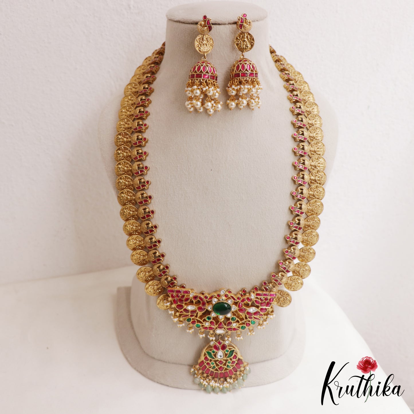 Premium Antique Floral Peacock Motifs Lakshmi Kasu Jadau Haaram With Green Bead Drops LH2125
