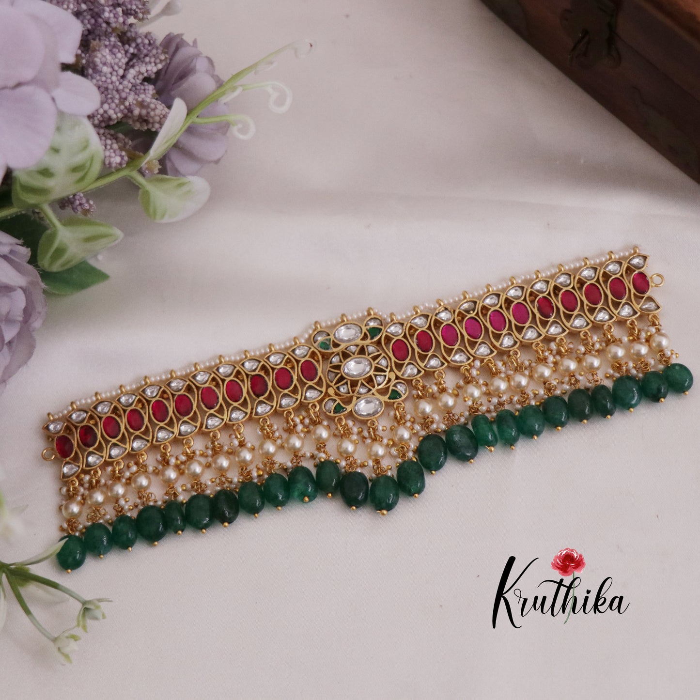 Pretty Jadau Choker with Green Beads Drops NC1984 (Available in 2 Colours)