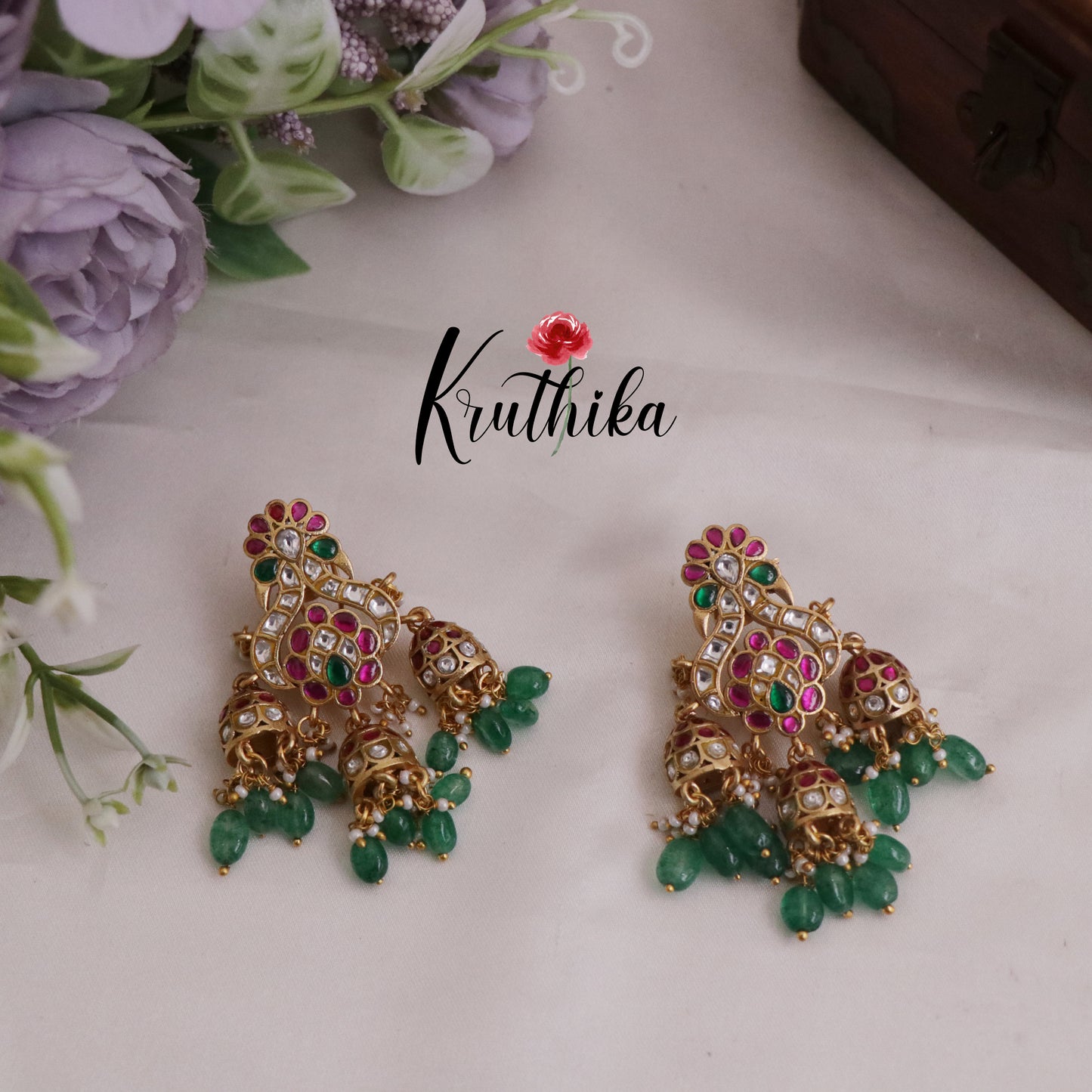 Beautiful Peacock Jadau Jhumkas with Green Beads Drops E729