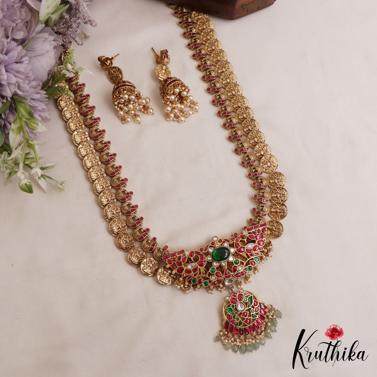 Premium Antique Floral Peacock Motifs Lakshmi Kasu Jadau Haaram With Green Bead Drops LH2125