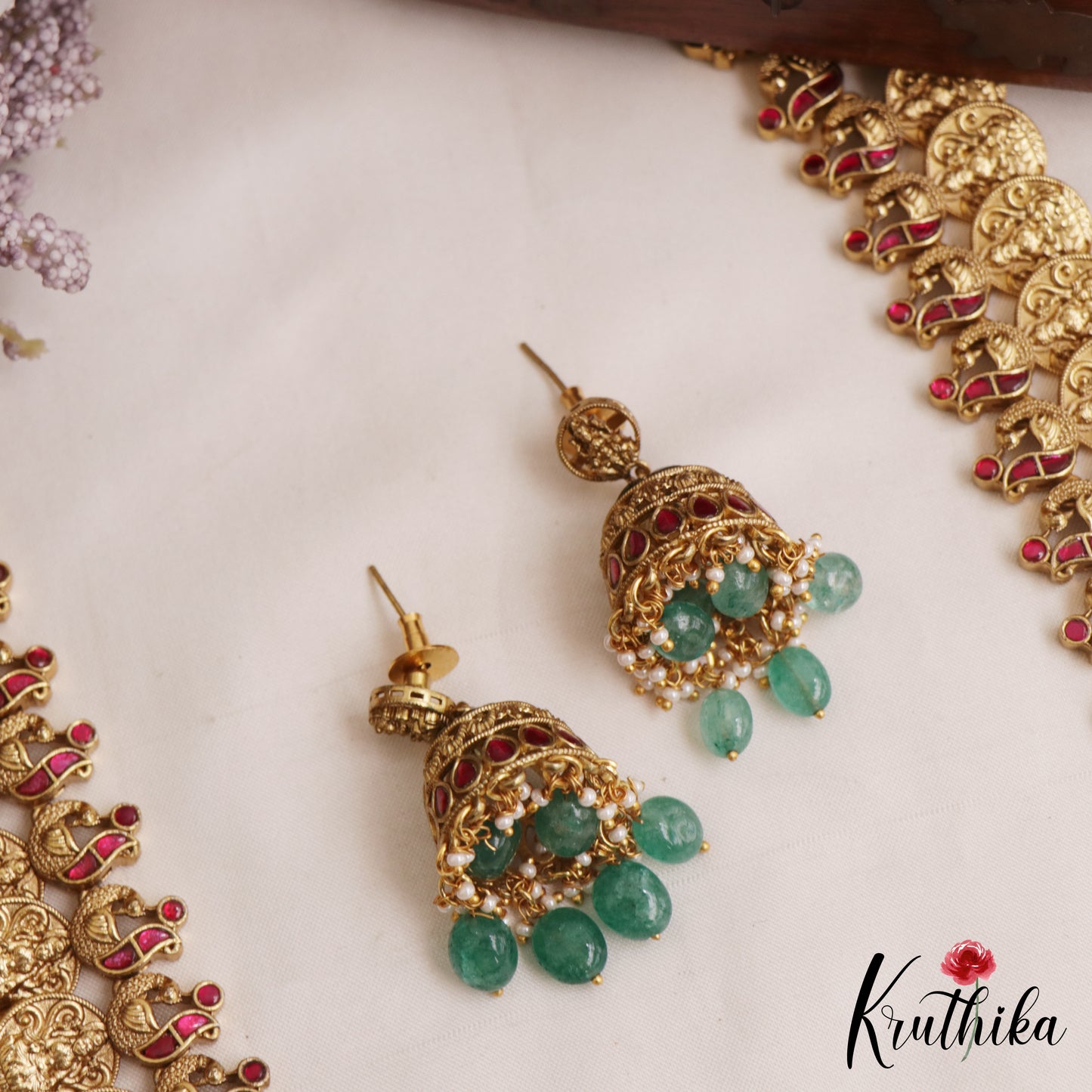 Traditional Antique Nagas Lakshmi Kasu Jadau Haaram With Green Bead Drops LH2126