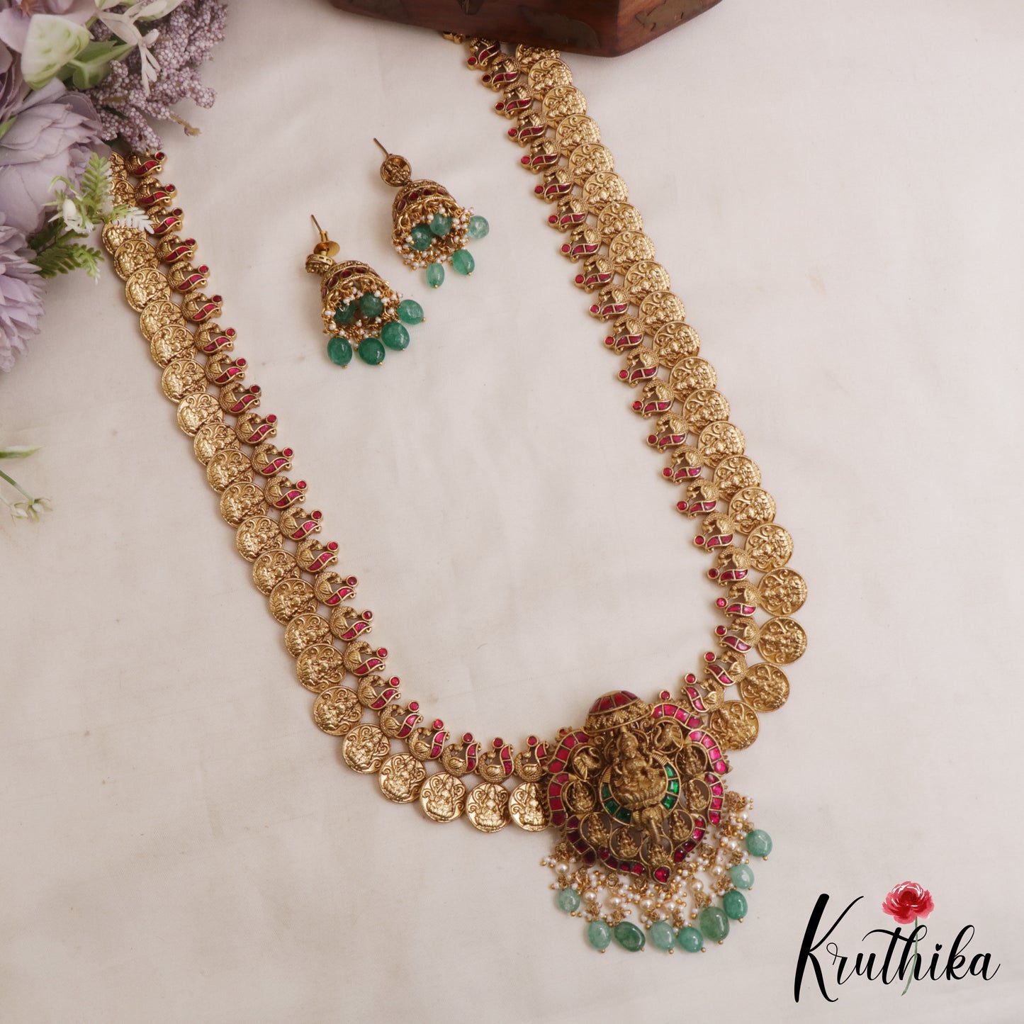 Traditional Antique Nagas Lakshmi Kasu Jadau Haaram With Green Bead Drops LH2126