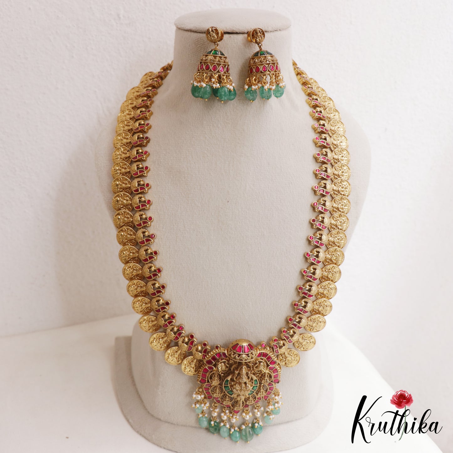 Traditional Antique Nagas Lakshmi Kasu Jadau Haaram With Green Bead Drops LH2126