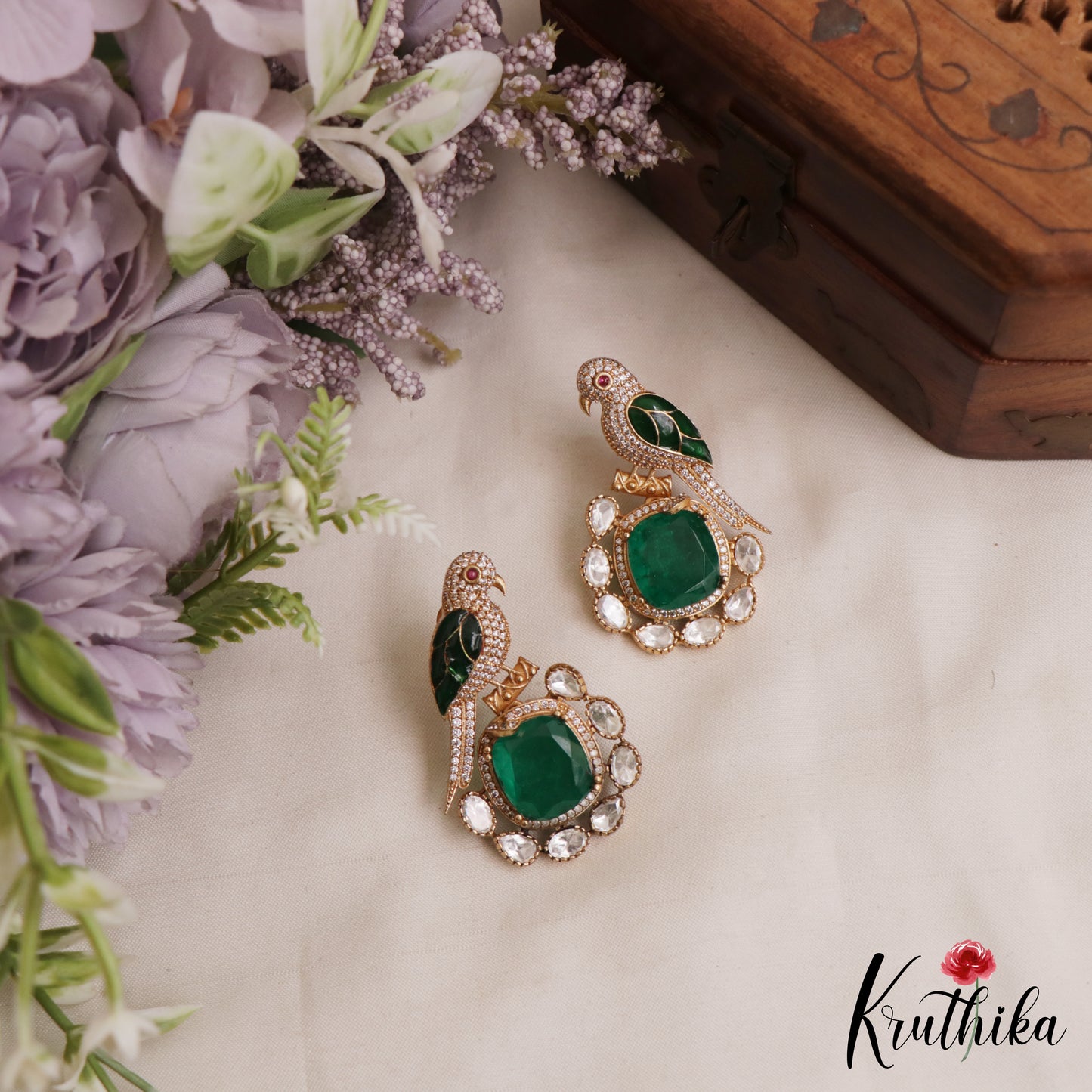 Gorgeous Parrot Motif Polki Victorian Stud Earrings E1099 (Available In 7 Colors)