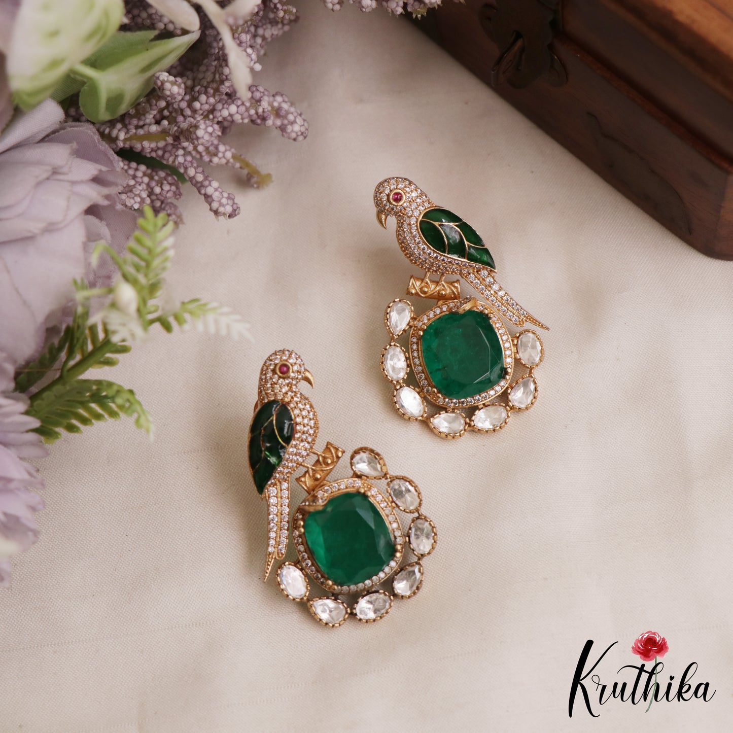 Gorgeous Parrot Motif Polki Victorian Stud Earrings E1099 (Available In 7 Colors)