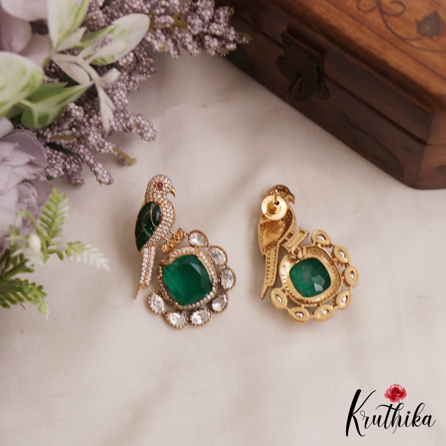 Gorgeous Parrot Motif Polki Victorian Stud Earrings E1099 (Available In 7 Colors)