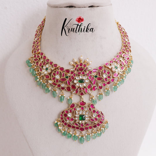 Royal Antique Floral Jadau Necklace with Green Beads Drops NC2401