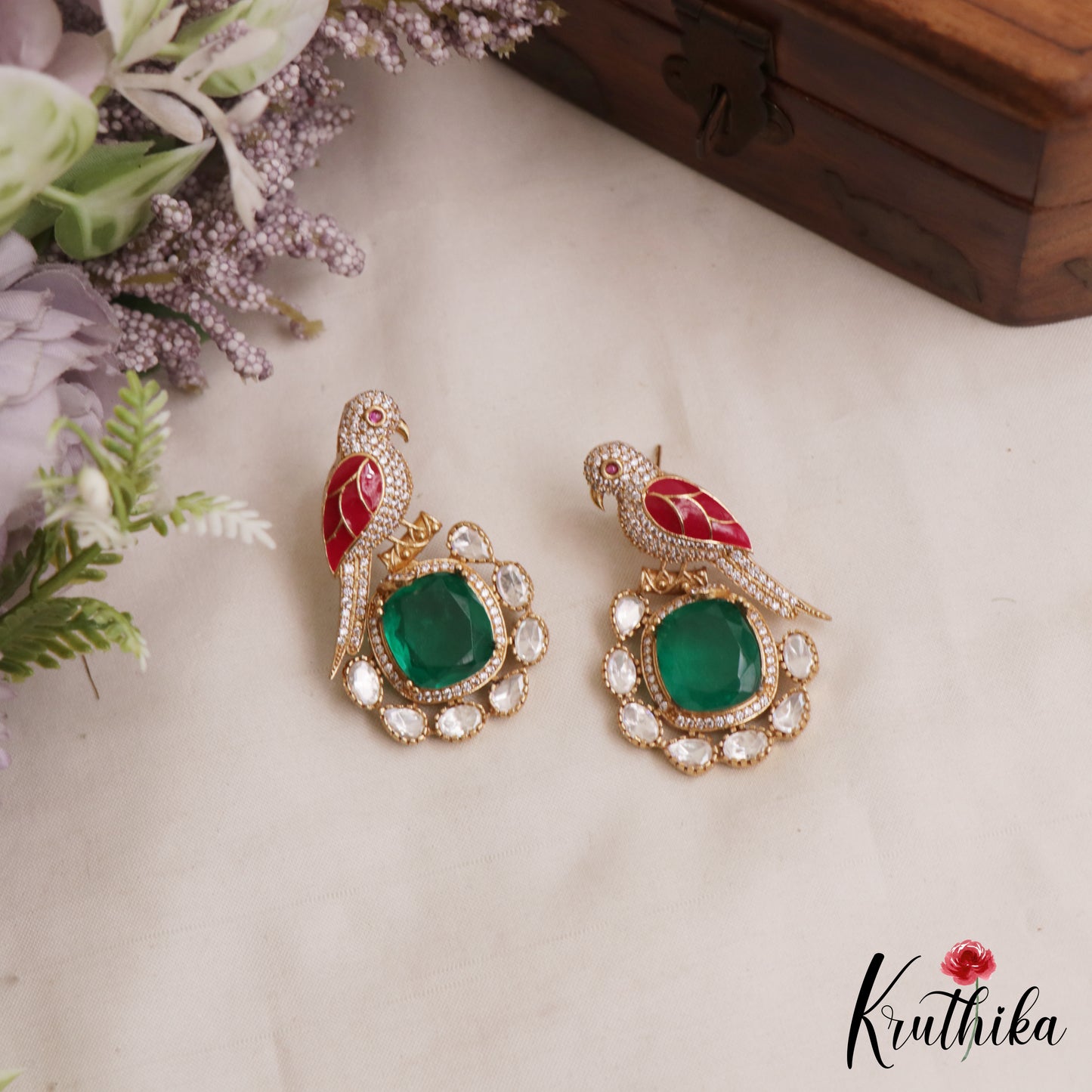 Gorgeous Parrot Motif Polki Victorian Stud Earrings E1099 (Available In 7 Colors)