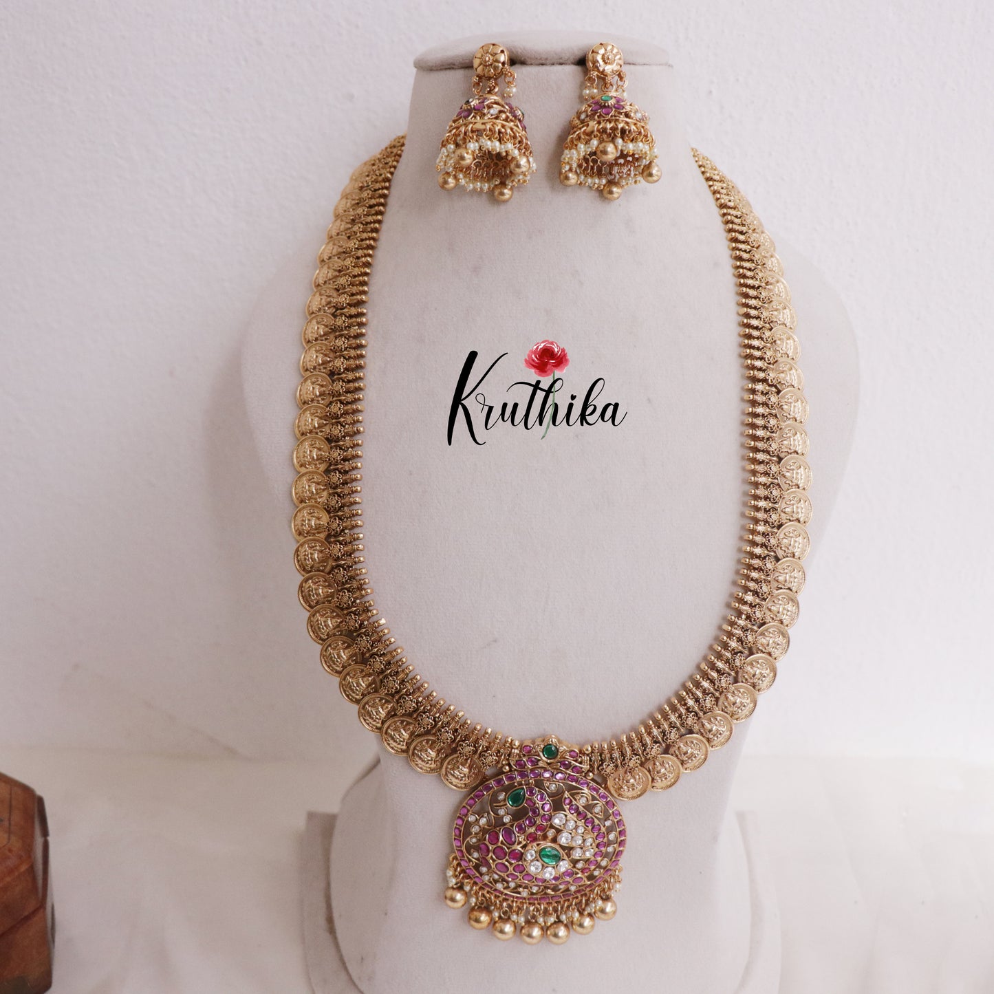 Beautiful Kasu Budget Friendly Jadau Haaram with Golden Beads Drops LH1987