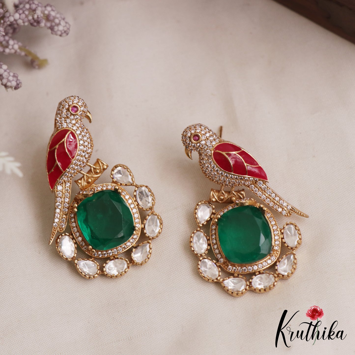 Gorgeous Parrot Motif Polki Victorian Stud Earrings E1099 (Available In 7 Colors)