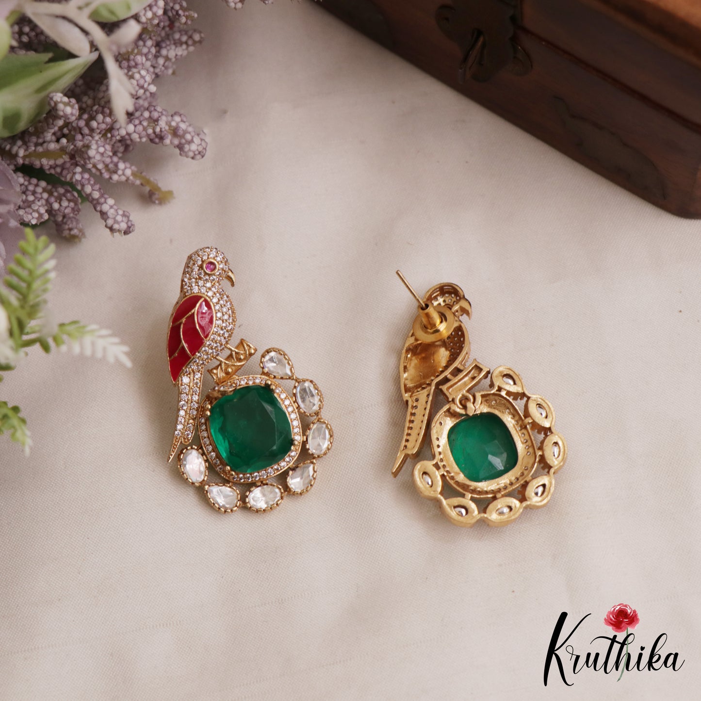 Gorgeous Parrot Motif Polki Victorian Stud Earrings E1099 (Available In 7 Colors)