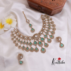 Grand AD/Victorian Necklace NC1821 with Pair of Earrings & Maang Tikka (Available in 6 Colours)