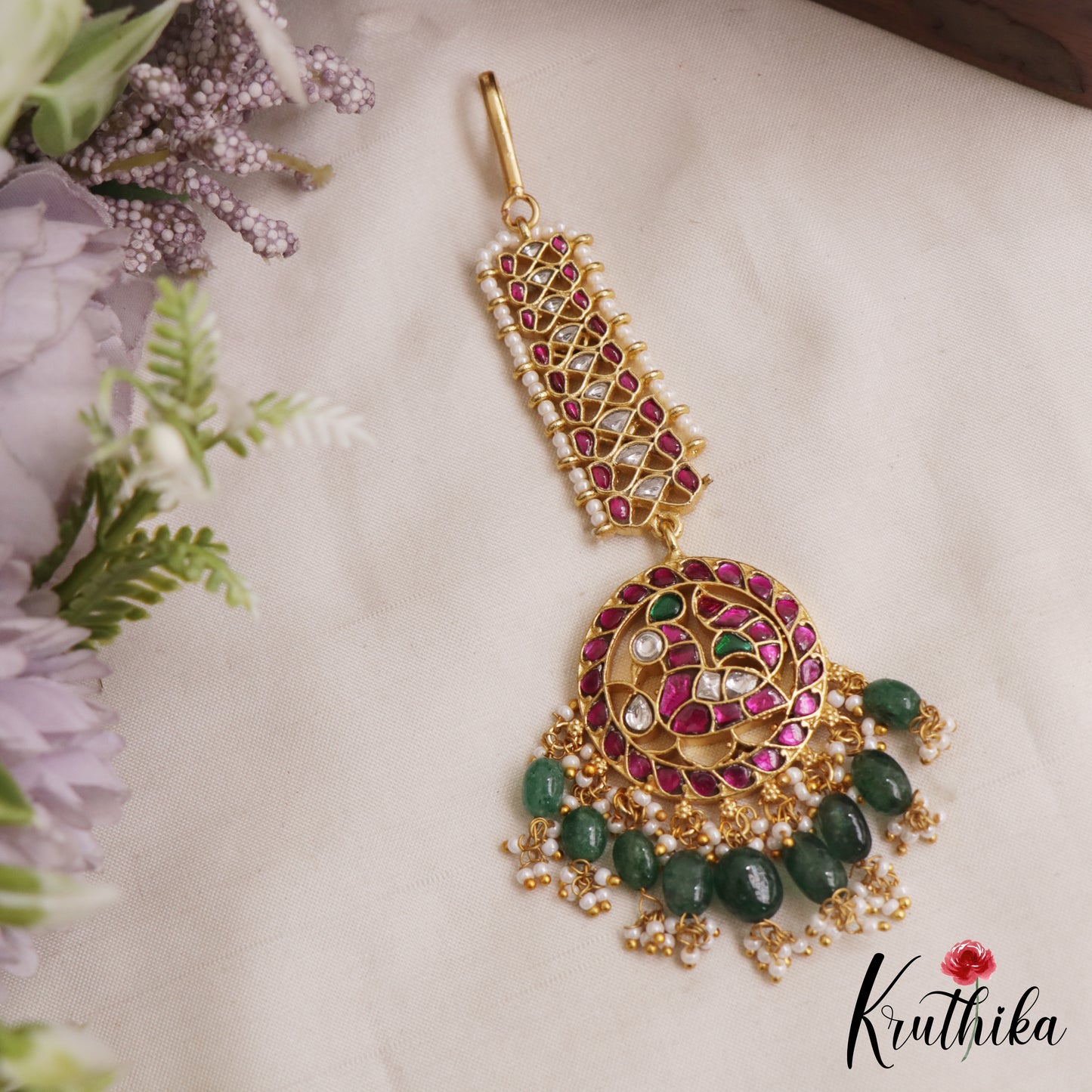 Stunning Peacock Motifs Jadau Maang Tikka With Green Bead Drops MT388
